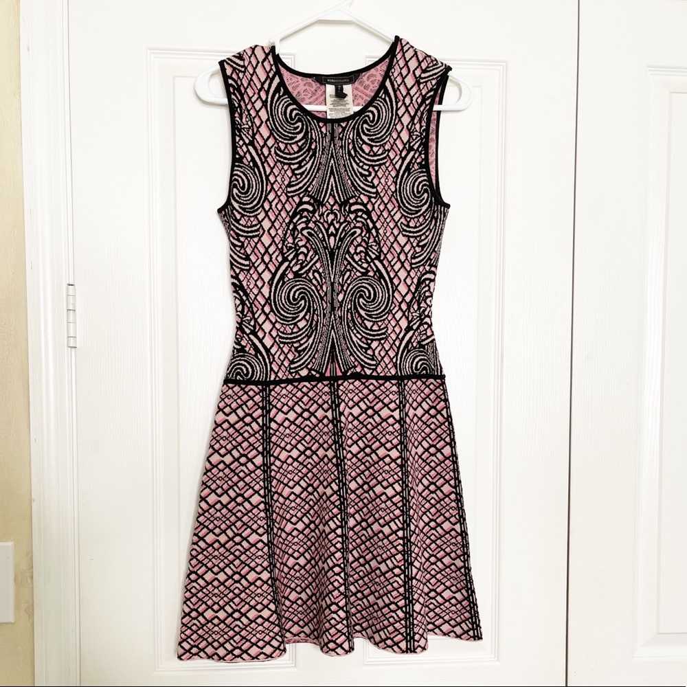 BCBG  paisley print fit & flare sweater dress black and pink